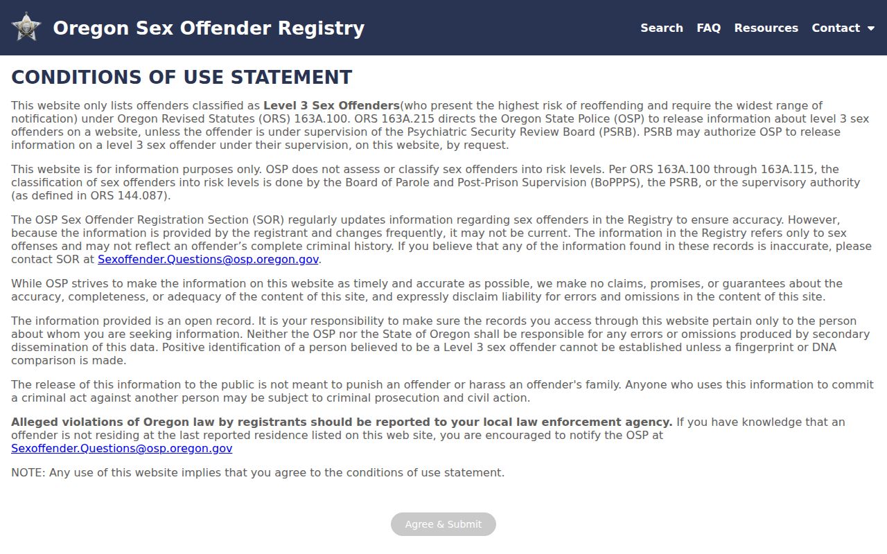 Official Oregon registry interface for a Wheeler County sex offender check