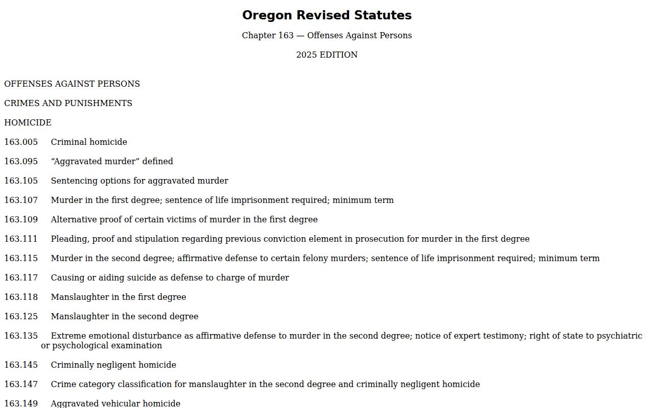 Oregon offense statutes used to verify Wheeler County registry information