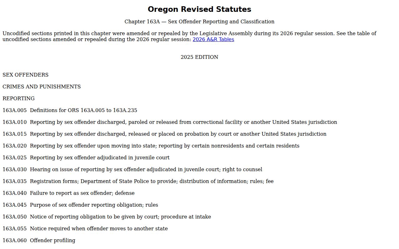 Oregon registration law for Wheeler County sex offender records